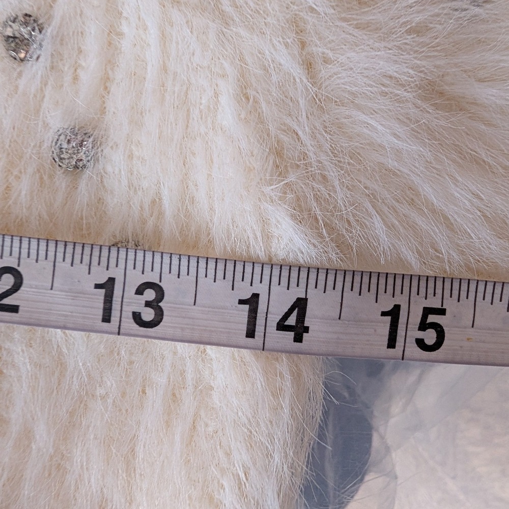 Muse Short Sleeve Fuzzy Crystal Embellished Sweater XS Ivory‎ Coquette 90s Glam - Picture 13 of 14